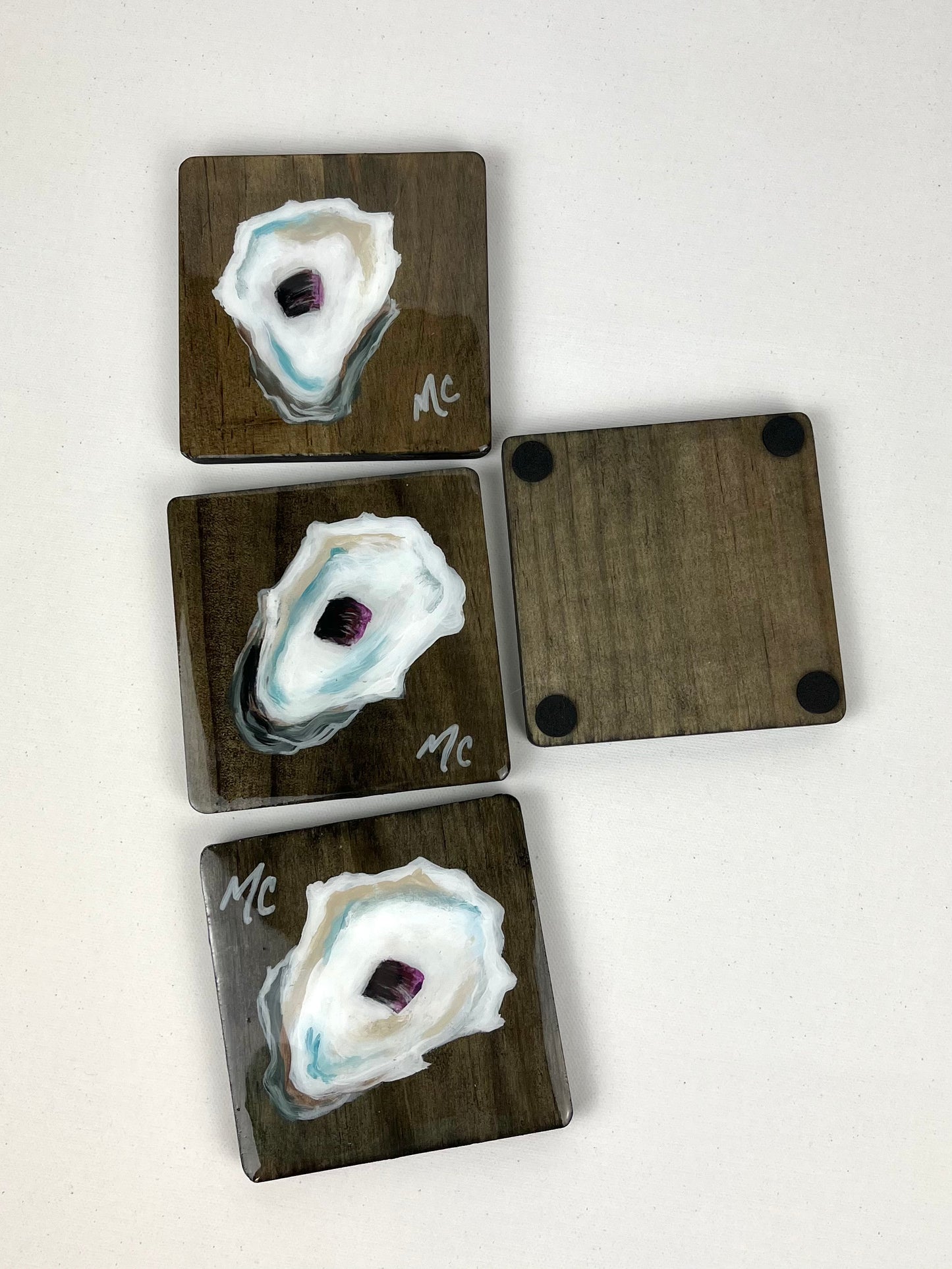 Oyster Coasters, Set of 4, Hand Painted Wood Coasters by Macey Cliatt