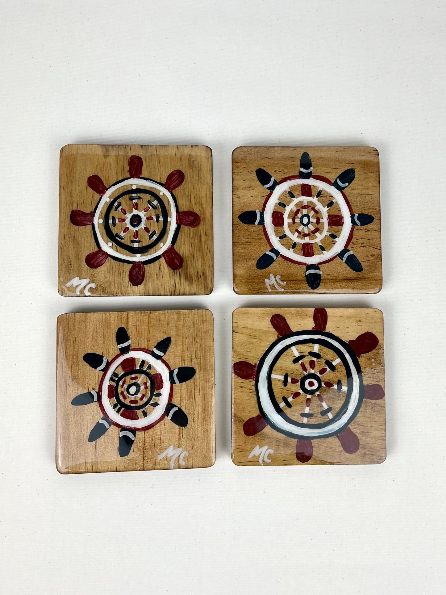 Captains Wheel Coasters, Hand Painted Wood Coasters by Macey Cliatt
