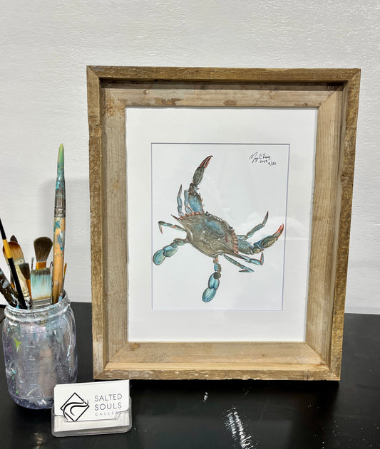 “ Cool In Blue” 11x14 Limited Edition Driftwood Framed Watercolor Blue Crab Print