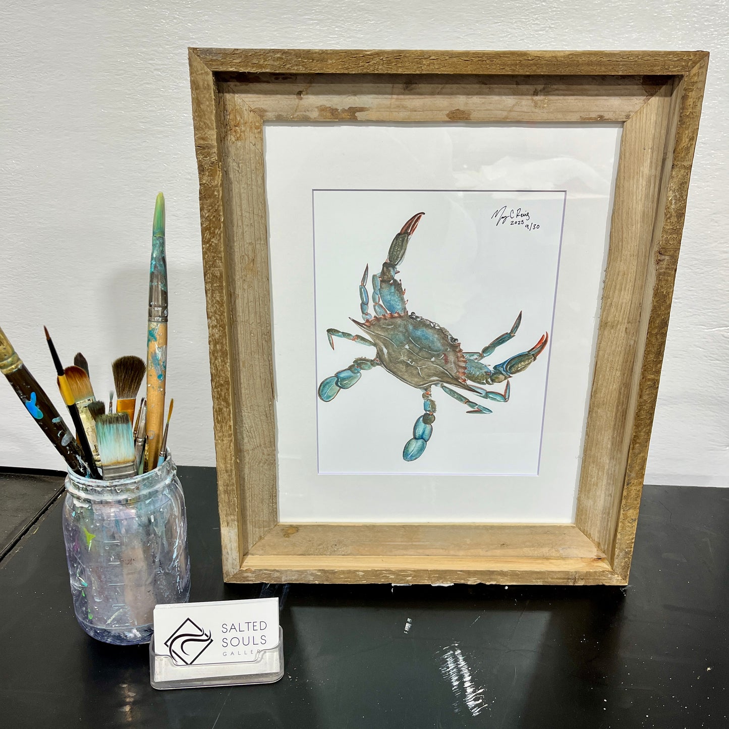 “ Cool In Blue” 11x14 Limited Edition Driftwood Framed Watercolor Blue Crab Print
