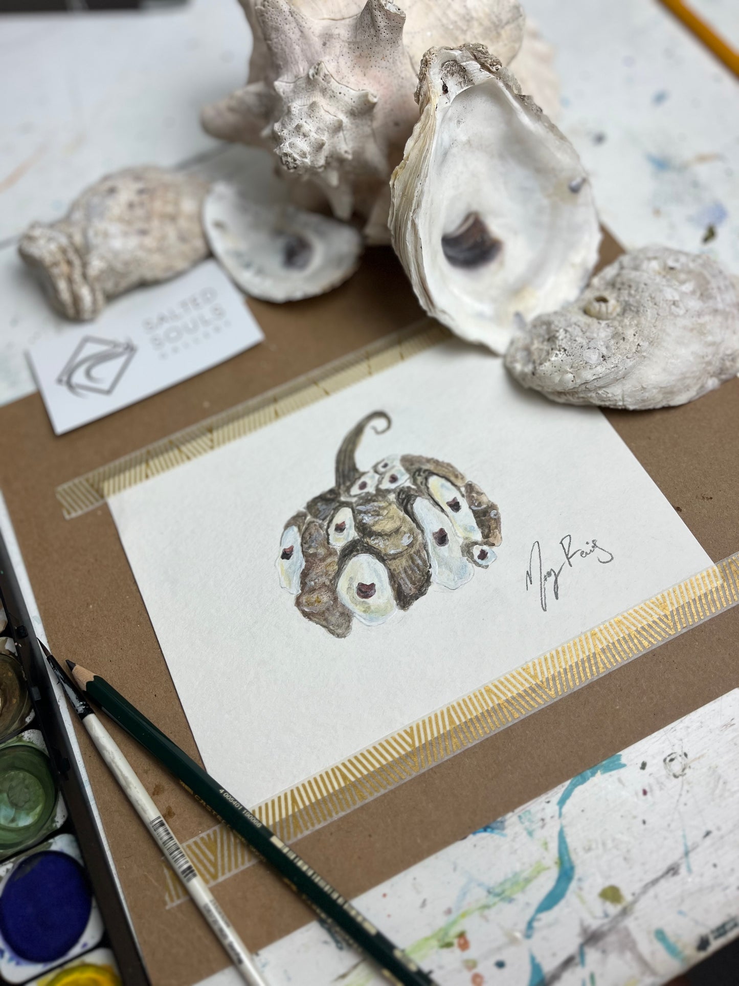 “Oyster Pumpkin” Original Watercolor, 8x10 Vintage Gold Frame