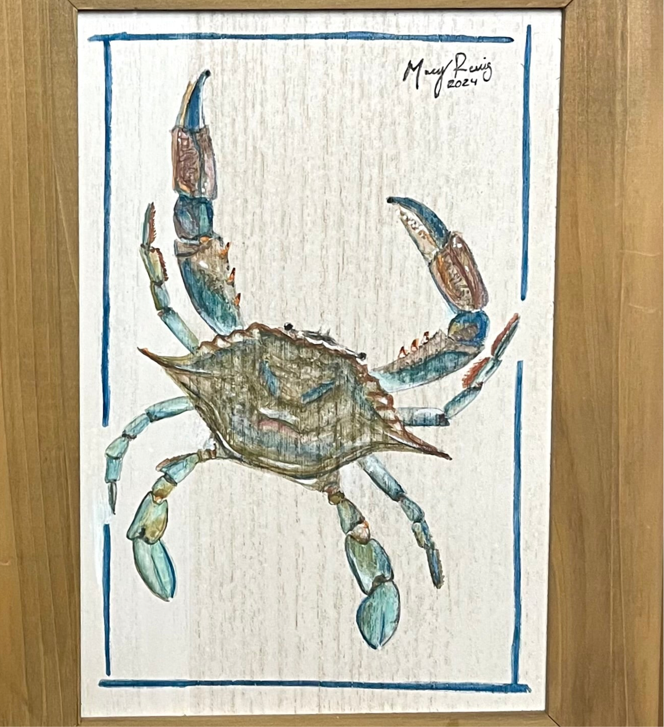 “Sunning” Original Watercolor Blue Crab on Wood