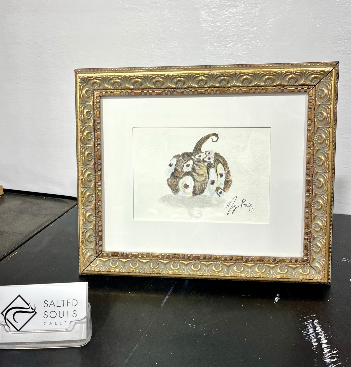 “Oyster Pumpkin” Original Watercolor, 8x10 Vintage Gold Frame