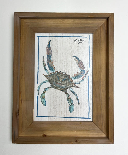 “Sunning” Original Watercolor Blue Crab on Wood