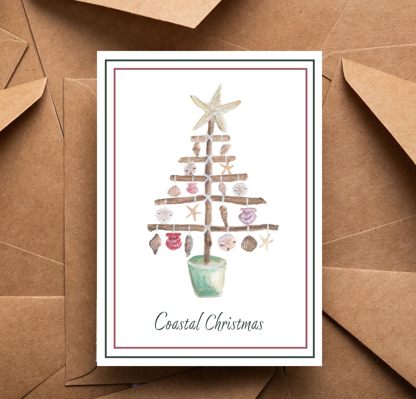 "Coastal Christmas" Foldable Note Card with Envelope, Accessories, Stationary Set