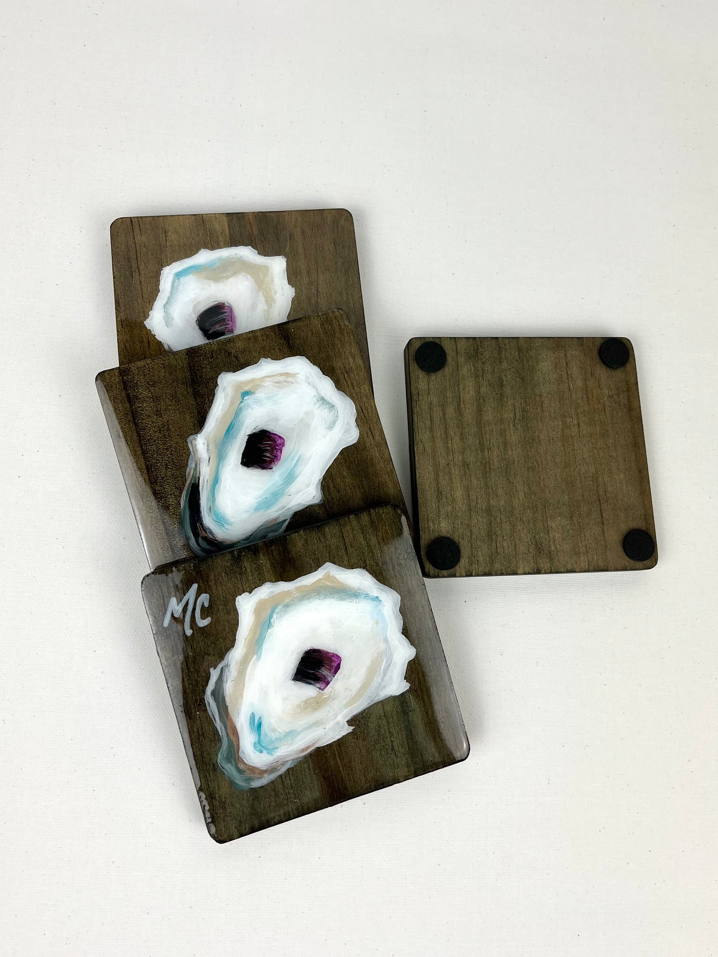 Oyster Coasters, Set of 4, Hand Painted Wood Coasters by Macey Cliatt
