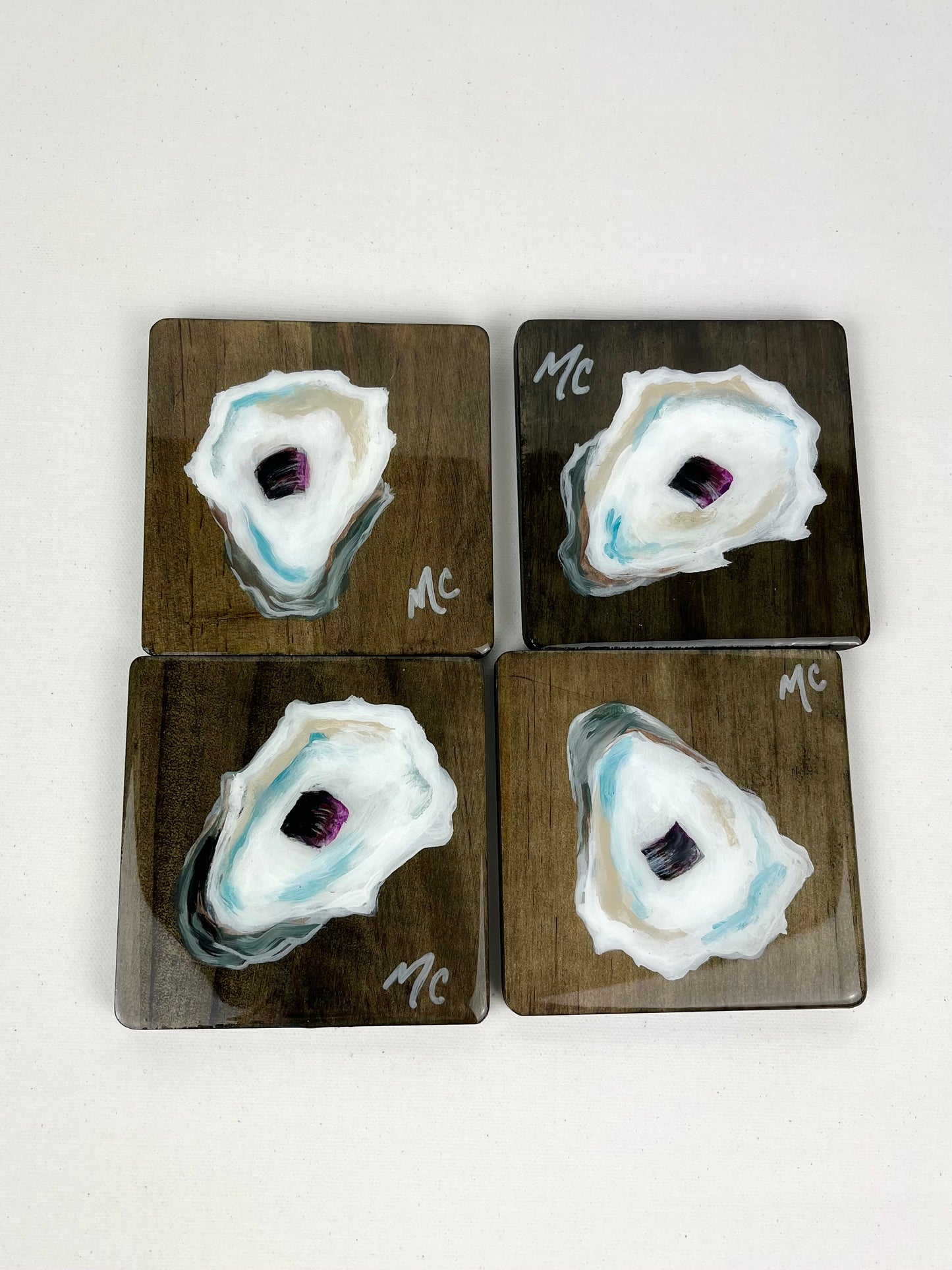 Oyster Coasters, Set of 4, Hand Painted Wood Coasters by Macey Cliatt