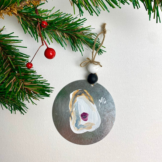 Hand Painted Oyster, Coastal Christmas Ornament with wooden beads, Accessories