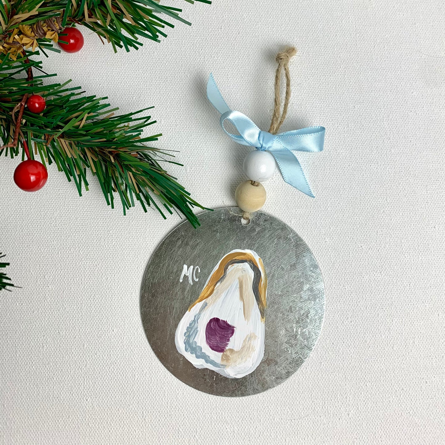 Hand Painted Oyster, Coastal Christmas Ornament with wooden beads, Accessories