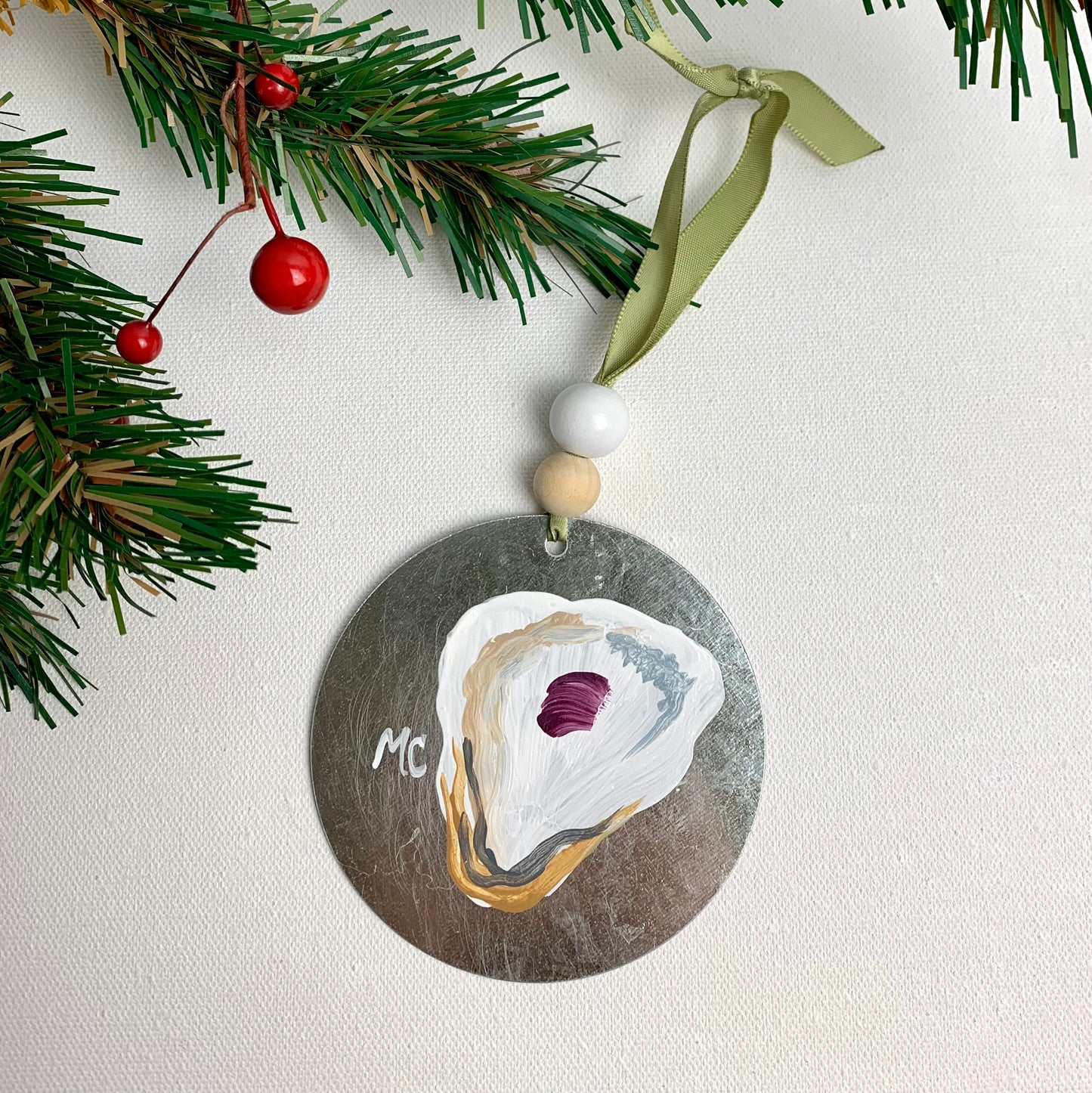 Hand Painted Oyster, Coastal Christmas Ornament with wooden beads, Accessories