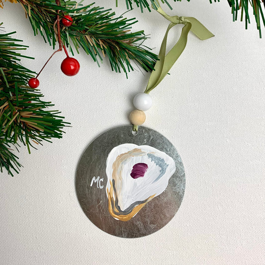 Hand Painted Oyster, Coastal Christmas Ornament with wooden beads, Accessories